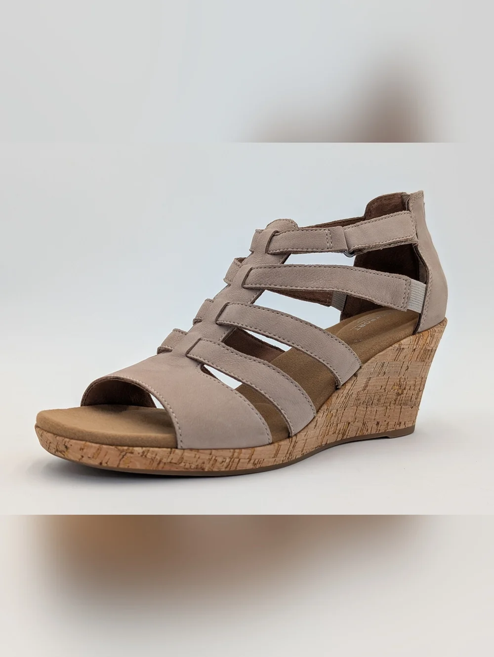 Rockport Briah Gladiator Sz 10 truTECH Taupe Strappy Cork Wedge Sandals Back Zip